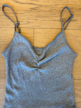 American Eagle Gray Ribbed Ruched Crop Top with Spaghetti Straps